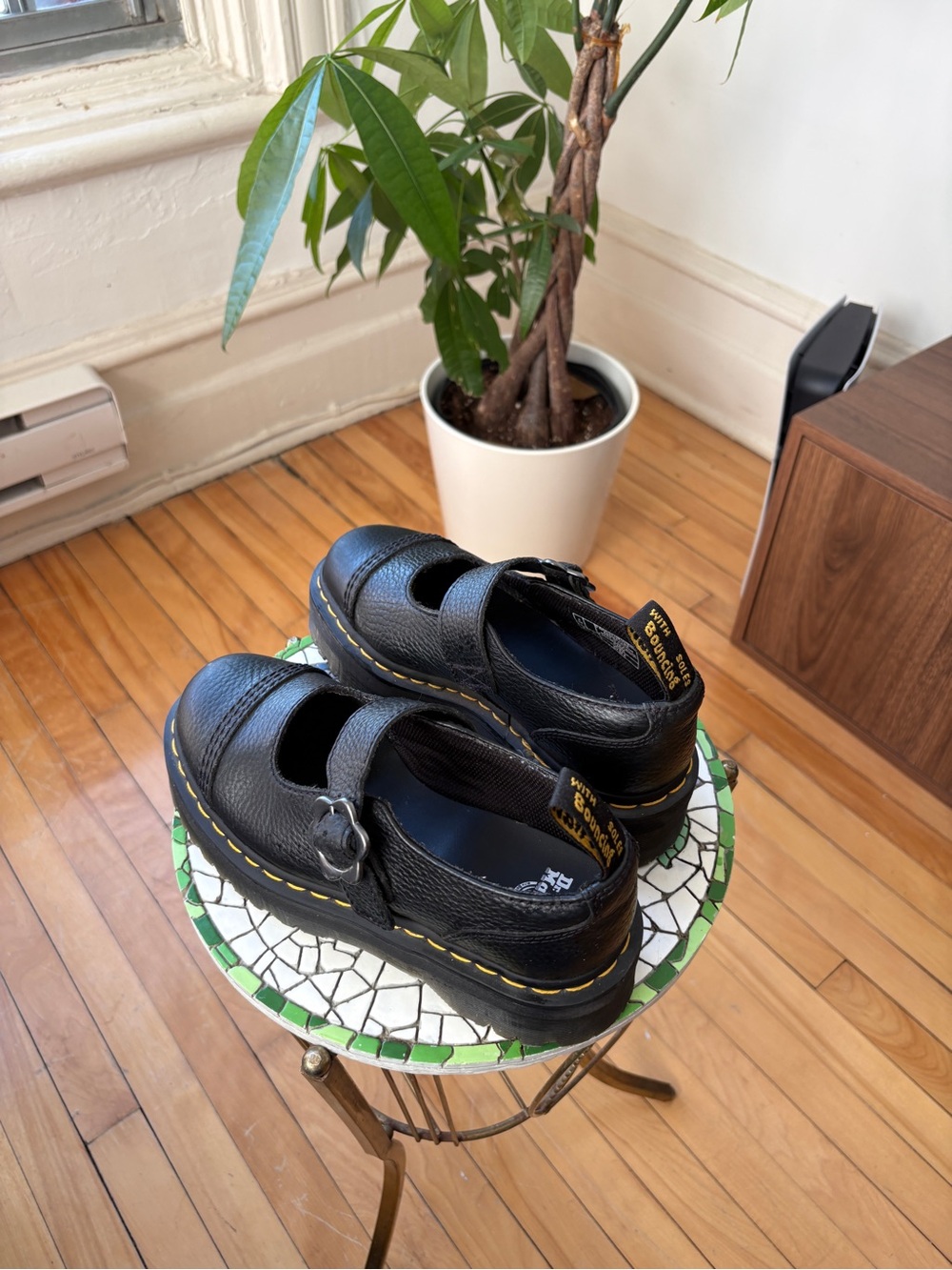 DR. MARTENS Black Platform Mary Jane Shoes with Yellow Stitching - Picture 2 of 5
